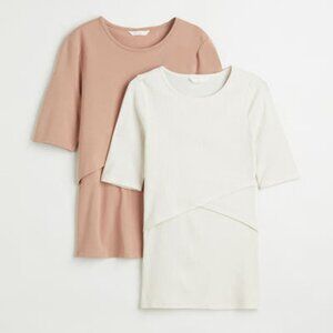 H&M MAMA 2-Pack Maternity Nursing Breastfeeding Short Sleeve Tops Cream Pink S